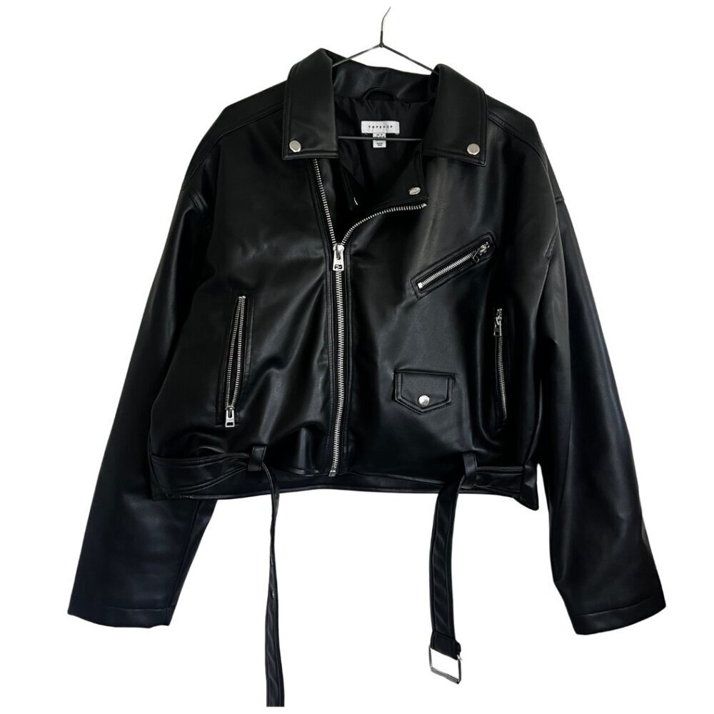 Topshop Black Oversized Relaxed Faux Leather Cropped Belted Biker Moto Jacket
